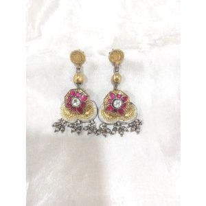 Pink White Kundan Golden Carving Earring