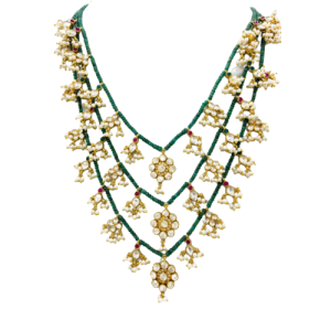 3 Lines Green Emerald Beads With Multi Kundan Pieces