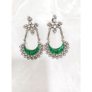 Pearl And White Stone With Green Stone Chand Earring