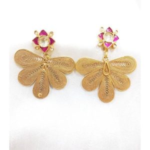 White Pink Kundan Square Top With Golden Carving Hanging Earrings