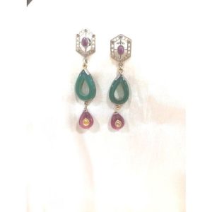 Victorian Green Leaf Shape Rhodolite Drop Er