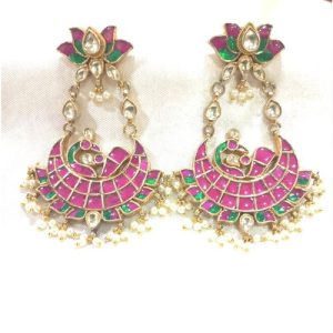 Pink White Kundan Lotus Peacock Chand Earring