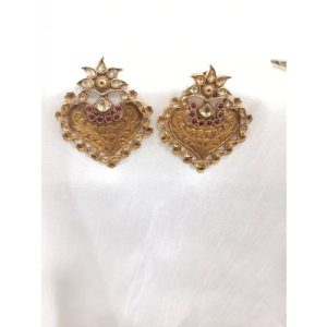 Red White Kundan Leaf Shape Earrings