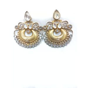 Kundan White Stone Golden Plating Chand Earrings