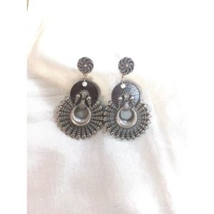 Silver Carving Top With Wooden Chand Shape Earring