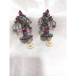 Pink And Green Stone Peacock Carving Pearl Earrings