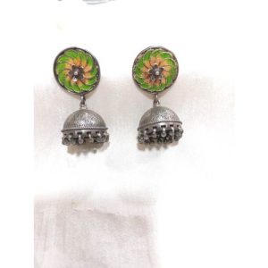 Green Orrange Mino Round Top Plain Silver Dool Earring