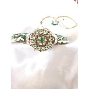 Red White Kundan Green Enamel Pipe Necklace Set With Tikka