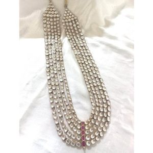 Pink White Jadtar 5 Line Long Necklace