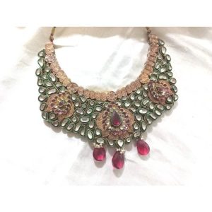 Rhodolite White Kundan Green Enamel Golden Carving Heavy Necklace Set