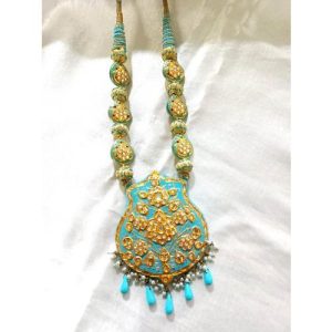 Turquoise White Kundan Enamel Necklace Set