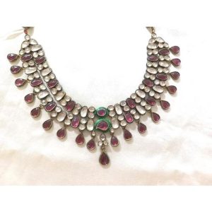 Rhodolite White Kundan Green Enamel Necklace Set