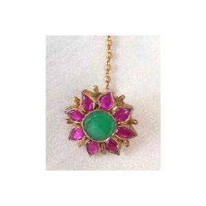 Green Pink Kundan Silver Based Maang Tikka