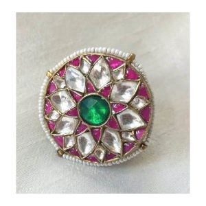 Pink Green White Kundan Bor Silver Based Maang Tikka