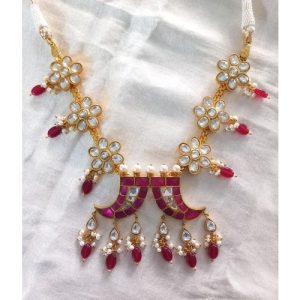 Ruby White Polki Stone 925 Silver Necklace Set