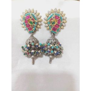 Two Tone Silver Peacock Fusion Stud With Silver Carving Dool Earring