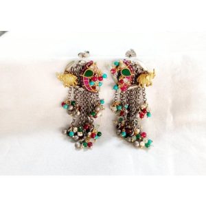 Peacock Elephant Fusion Silver Chain Earrings