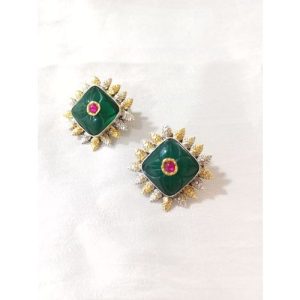 Green Onyx Square Two Tone Finish Silver Stud