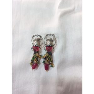 Rhodo Lite Stone Green White Parrot Fusion Stick Earrings