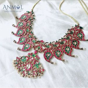 Pink White Kundan Temple Necklace Set