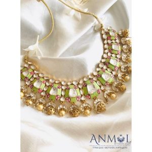 White Kundan Green Enamel Necklace Set