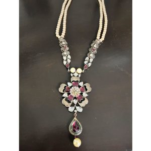 Two Line Pearl Mala With Rhodolite White Kundan Flower Pendant Set