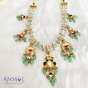 4 Line Fresh Water Pearl With Splash Of Kundan Peacock Necklace Set