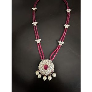 Red White Kundan Round And Lotus Piece Ruby Facited Mala