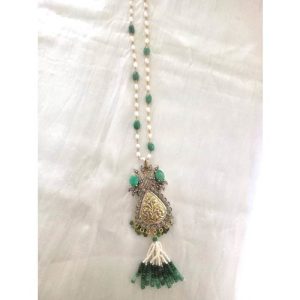 Two Tone Victorian Pan Shape Pendant With Pearl And Green Emrald Ganthan Mala