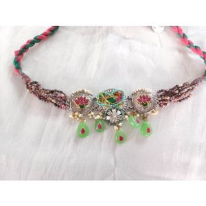 Peacock Lotus 3 Round Piece Twotone Choker With Turmuline Beads Necklace