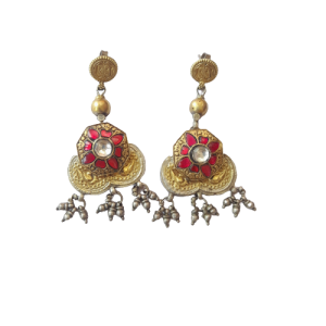 Plain Silver Two Tone Plated Red White Kundan Long Earring