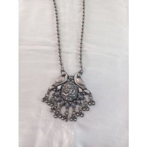 Silver Temple Ball Mala With Parrot, Figure Carved Pendant