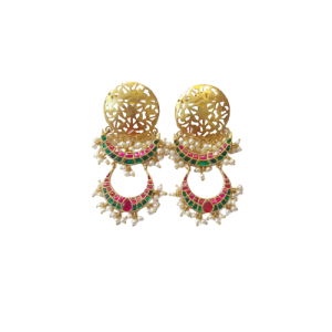 Pink Green Temple Cut Work Round Piece Earring