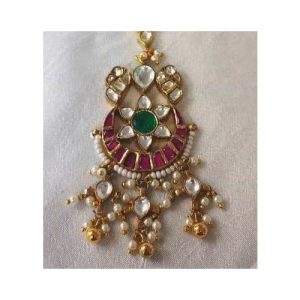 Multi Kundan Chand Shape Golden Ball Silver Based Maang Tikka