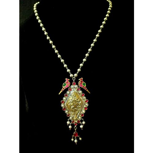 Pink Geern Kundan Parrot Twotone Silver Fusion Pendant