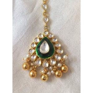 White Kundan Green Enamel Golden Ball Silver Based Maang Tikka