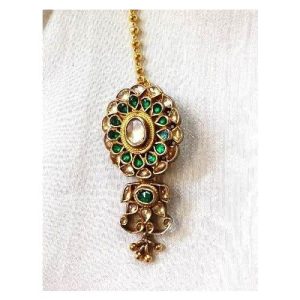 Green White Kundan Silver Based Maang Tikka