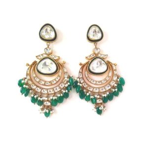 White Jadtar Stone Green Enamel Kundan Chandbali