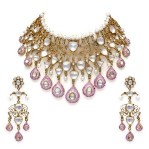 White Kundan Pink Enmal Big Stone Necklace Set