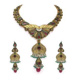 Rhodo White Kundan Green Enamel Necklace Set