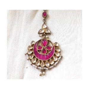 Pink White Kundan Chand Shape Maang Tikka