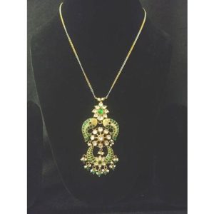 Green White Kundan Fusion Pendant With Twotone Silver Chain