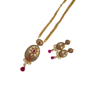 Red White Kundan Antique Gold Finish Necklace Set