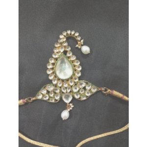 White Kundan Stones Green Enamel Pearl Drop Kalgi For Men