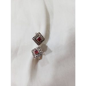 Red Square Stone Silver Carving Ractengle Piece Cufflinks