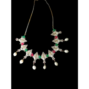 Cz Diamond Pink And Green Stone Peral Necklce Set