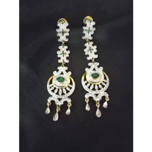 Cz Diamond Twotone Polish Silver Based Emrald Stone Earring