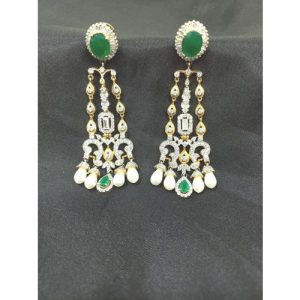 Cz Twotone Polish Silver Based Green Onyx Pearl Earring