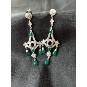 Cz Diamond Silver Based Green Onyx Earring