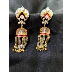 Cz Two Tone Finish Red Enamel Glass Dool Earring